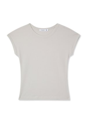 T-shirt grigio chiaro a maniche corte in tessuto morbido, con scollo rotondo e design attillato, leggermente curvato. Taglia S.