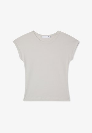 T-shirt grigio chiaro a maniche corte in tessuto morbido, con scollo rotondo e design attillato, leggermente curvato. Taglia S.