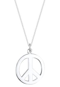 Pendente in argento a forma di simbolo della pace su una sottile catena a maglie. Il pendente presenta un design ad anello aperto con dettagli del simbolo della pace all'interno.