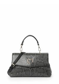 Borsa a stampa serpente in nero e grigio. Design strutturato con manico superiore e tracolla removibile. Presenta un accento metallico geometrico.