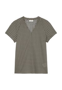 Blouse à manches courtes avec motif floral géométrique noir et beige et col en V, étalée à plat sur fond blanc.