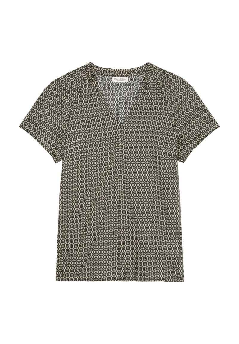 Blouse à manches courtes avec motif floral géométrique noir et beige et col en V, étalée à plat sur fond blanc.