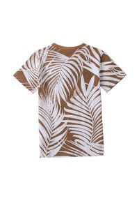 Camiseta marrón con un patrón de hojas de palmera blancas, con escote redondo y mangas cortas. La tela tiene una textura suave.