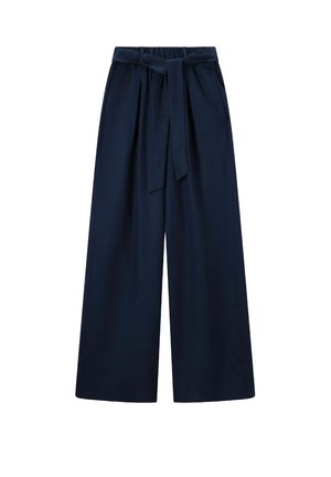 Marineblaue weite Hosen mit hoher Taille, elastischem Bündchen, seitlichen Taschen und einem passenden Stoffgürtel, der vorne gebunden ist.