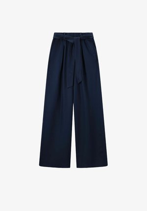 Marineblauwe wijde broek met hoge taille, elastische band, zijzakken en een bijpassende stoffen riem die aan de voorkant is geknoopt.