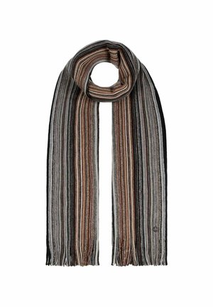 Striped scarf featuring alternating shades of brown, gray, and black. Made of soft material with fringed ends and a looped design at the top.