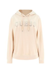 Krémová mikina vyrobená z jemné tkaniny, která má kapuci se stahovací šňůrkou, žebrované manžety a ozdobná písmena z rhinestones, která hlásají "GUESS."