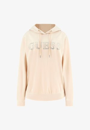 Krämfärgad hoodie i mjukt tyg med dragskohuvud, ribbade ärmslut och dekorativa stenar som formar orden "GUESS."