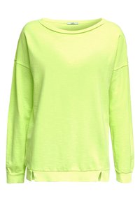 Sudadera de manga larga de color amarillo neón, fabricada en una tela suave y liviana, con un corte relajado, escote amplio y aberturas laterales en el dobladillo.