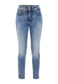 Džínové kalhoty s vysokým pasem a slim-fit střihem, modré, s předními kapsami, poutky na pásek a dvojitým zapínáním na knoflíky.