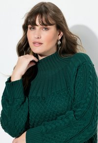 Maglione a maglia verde scuro con colletto alto a costine, lavorazione a trecce dettagliata sulle maniche e motivi strutturati sul corpo. Texture morbida.