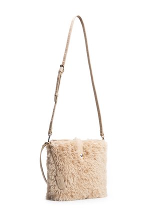 Beige faux fur crossbody bag with adjustable strap and small leather tag, closed with a single metallic snap button.