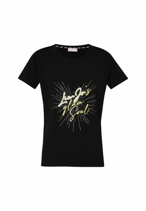 T-shirt in cotone nero con maniche corte, caratterizzato da un design grafico giallo e bianco con il testo "LiuJo's glam Soul" e luccichii decorativi.