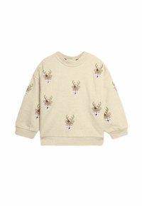 Felpa beige con volti di renna ricamati, caratterizzati da corna e accenti floreali. Polsini e bordo a costine, vestibilità morbida.