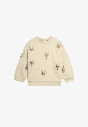 Beige sweatshirt med broderede rensdyransigt, der har gevir og blomsterdetaljer. Ribbekantede manchetter og nederkant, afslappet pasform.