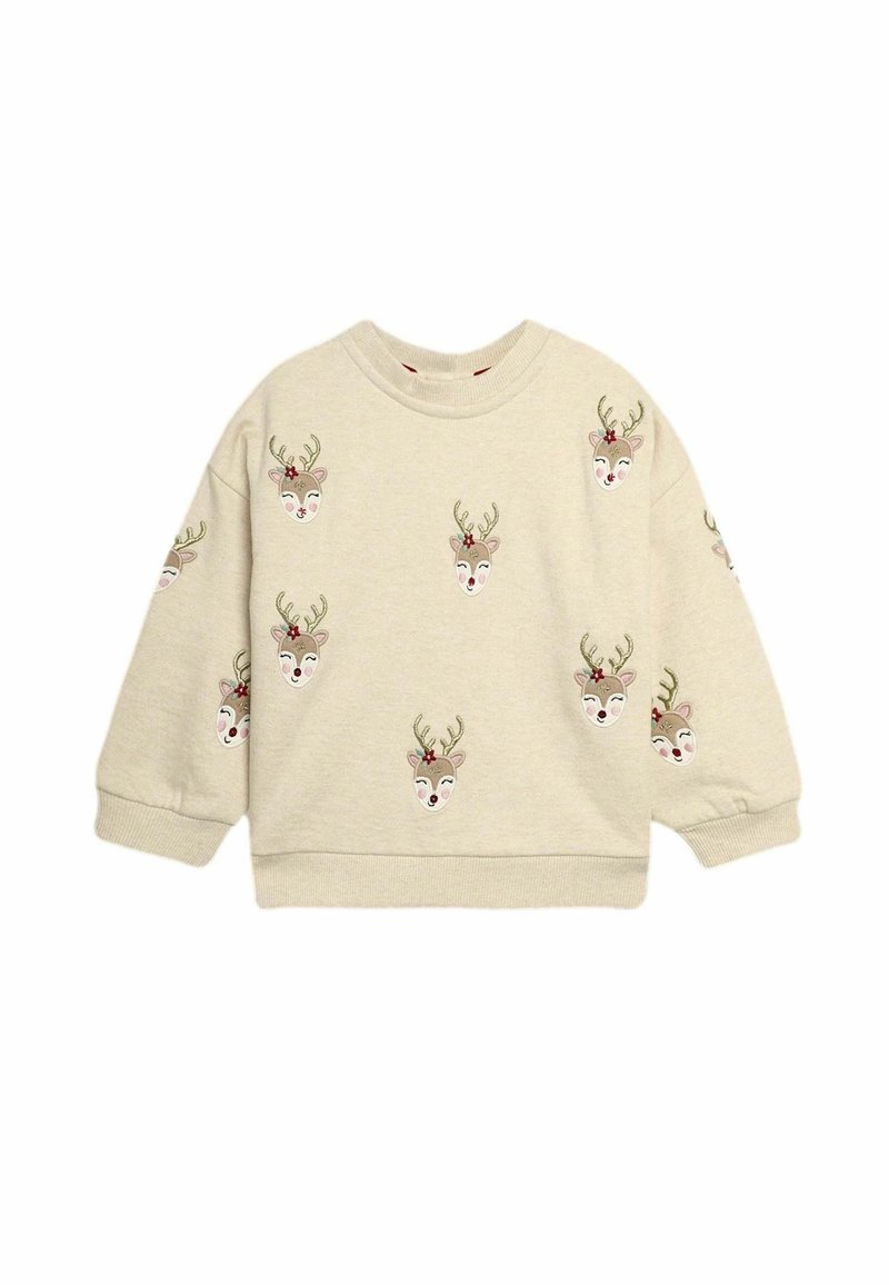 Felpa beige con volti di renna ricamati, caratterizzati da corna e accenti floreali. Polsini e bordo a costine, vestibilità morbida.