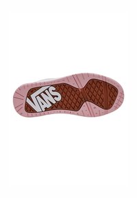 Sola di scarpa Vans con una base in gomma rosa, caratterizzata da un motivo di battistrada marrone e un logo Vans bianco al centro. Testurizzata per migliorare la trazione.