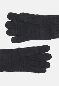 Black knitted gloves featuring five fingers, with a textured surface and ribbed cuff for added warmth and fit.