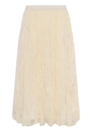 Jupe midi de couleur crème en tissu froissé texturé avec une taille élastique ajustée.