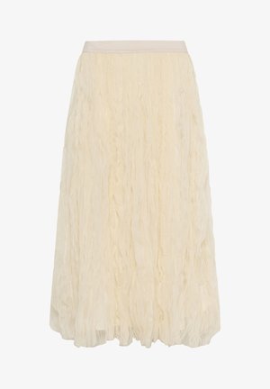 Kreemikas midi seelik kortsus, tekstuurse kangaga ja liibuvast elastse vöökohaga.