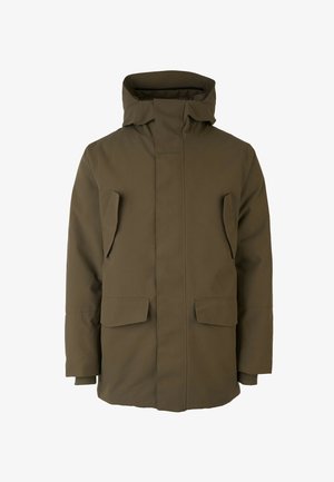 Olivenfarbene, wasserdichte Parkajacke mit hohem Kragen, durchgehendem Reißverschluss, zwei großen Fronttaschen und lockerer Passform.