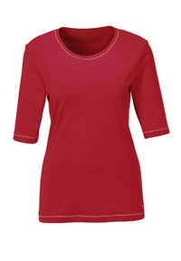 Rode katoenen T-shirt met korte mouwen, ronde hals en contrasterende stiksel langs de randen. Soepele textuur, casual ontwerp.