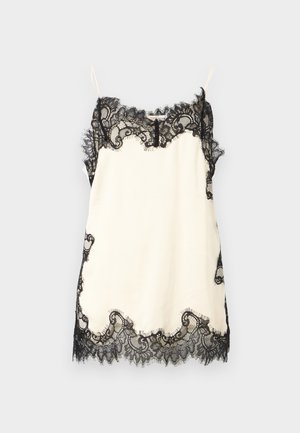 Krémové saténové šaty s čiernou kvetinovou čipkou na výstrihu, okraji a bokoch, s tenkými ramienkami, zobrazené na bielom pozadí.