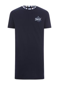Navy blue T-shirt made of soft cotton with a ribbed multicolored neckline and a white anchor logo on the left chest.