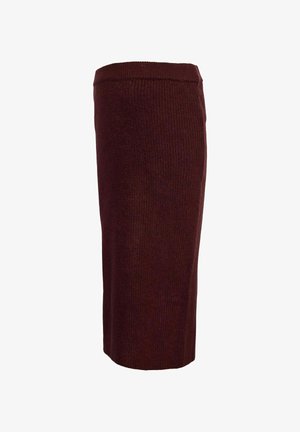Burgundska pletena svinčasta krila s prilagođenim oblikom, teksturiranom tkaninom i srednje visokim strukom. Jednostavan dizajn, dužina do koljena.