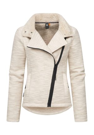 Veste crème avec fermeture éclair sur le devant, col en shearling, tissu texturé et détails de fermeture éclair noirs. Comprend des poches latérales et une coupe structurée.