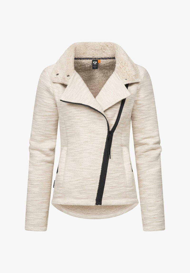 Cream-colored jacket with a zip front, shearling collar, textured fabric, and black zipper detail. Features side pockets and a structured fit.
