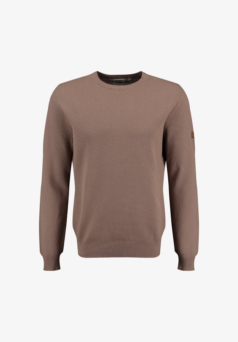 Bruine gebreide trui met een gestructureerd ruitpatroon, ronde halslijn, geribde mouwen en onderrand, met een klein bruin label op de mouw.