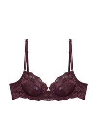 Reggiseno con ferretto in pizzo burgundy con motivi floreali e spalline doppie regolabili su uno sfondo bianco.