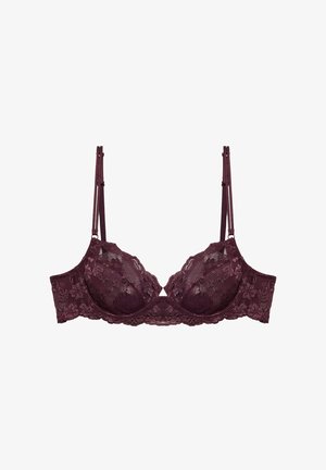 Bordowy biustonosz z koronką, z fiszbinami, z kwiatowymi wzorami oraz regulowanymi podwójnymi ramiączkami na białym tle.