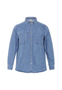 Cămașă din denim de culoare albastru deschis, cu dungi verticale albe, având guler cu nasturi, două buzunare pe piept și mâneci lungi.
