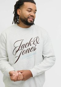 Szara bluza z mieszanki bawełny. Z przodu widnieje duży napis w kolorze ciemnego brązu i jasnoniebieskim "Jack & Jones Worldwide Originals."