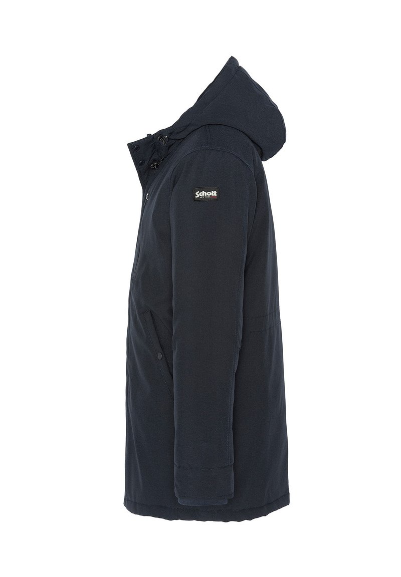 Veste d'hiver pour homme en bleu marine foncé, avec une capuche, une fermeture zippée et des poches latérales. Fabriquée en tissu texturé et résistant à l'eau.