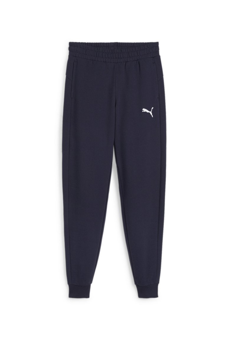Navy blauwe sweatpants met een zachte textuur, elastische tailleband en boorden. Bevat een wit Puma-logo op de linker bovenbeen. Twee zijzakken.