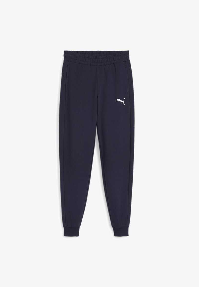 Navy blauwe sweatpants met een zachte textuur, elastische tailleband en boorden. Bevat een wit Puma-logo op de linker bovenbeen. Twee zijzakken.