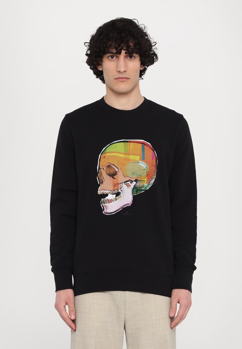 Sort sweatshirt med et farverigt kraniegrafik på fronten, rund halsudskæring og ribbede manchetter og kant.