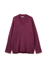 V-Ausschnitt-Pullover in tiefem Burgunderrot, gestrickter Stoff mit gerippten Akzenten an den Ärmelbündchen und dem Saum, lässige Passform und Design mit gesenkten Schultern.