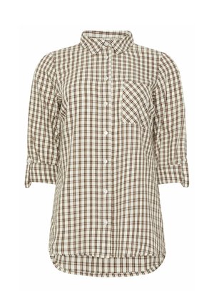 Hvid skjorte med knapper, brun- og sortternet mønster, brystlomme og 3/4 op-rullede ærmer med knapstropper.