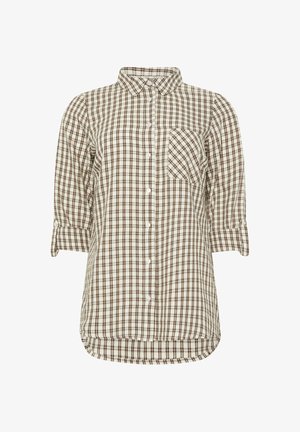 Hvid skjorte med knapper, brun- og sortternet mønster, brystlomme og 3/4 op-rullede ærmer med knapstropper.