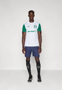 Muški nogometaš u bijelom i zelenom dresu Palmeiras, tamnoplavim hlačama, crnim čarapama marke Puma i crnim nogometnim kopačkama, stoji na bijeloj pozadini.