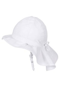 Weißer Baumwollsonnenhut mit breiter Krempe, verstellbaren Kinnriemen und Klappen zum Schutz des Nackens. Glatte Textur und leichtes Design.
