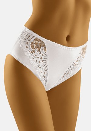Witte hooggesneden onderbroek met een bloemenkantpaneel en een gladde stof. Inclusief golvende randen en een naadloos ontwerp voor comfort.