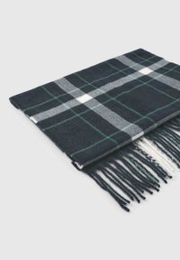 Sciarpa a quadri di colore blu scuro, con strisce verdi e bianche. Texture morbida con bordi frangiati. La disposizione piegata mostra chiaramente il motivo a scacchi.