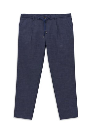 Marineblaue, maßgeschneiderte Hose mit feinem Karomuster, Knopfverschluss, Kordelzugbund und Seitentaschen.