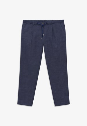 Navy blue tailored trousers with a subtle check pattern, button closure, drawstring waist, and side pockets.