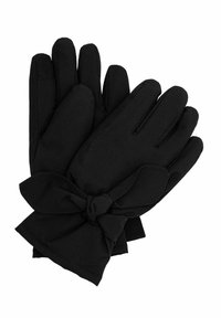 Czarne rękawiczki wykonane z miękkiego, teksturowanego materiału z ozdobną kokardą na nadgarstku oraz trzema szwami na grzbiecie każdego palca.